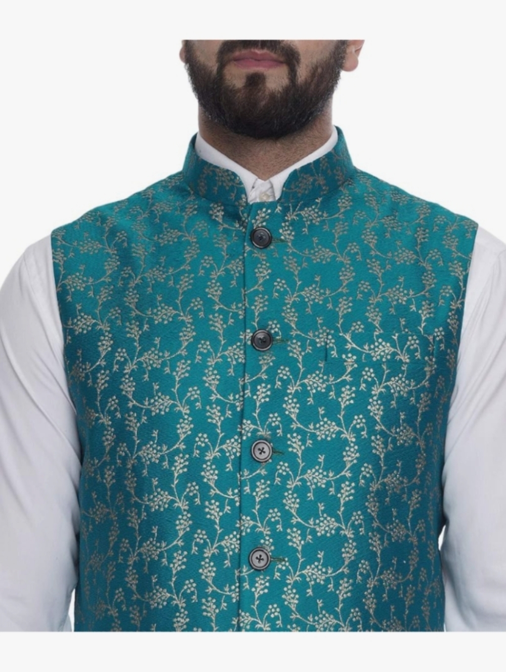 Teal Floral Brocade Nehru Vest - Picture 4 of 8